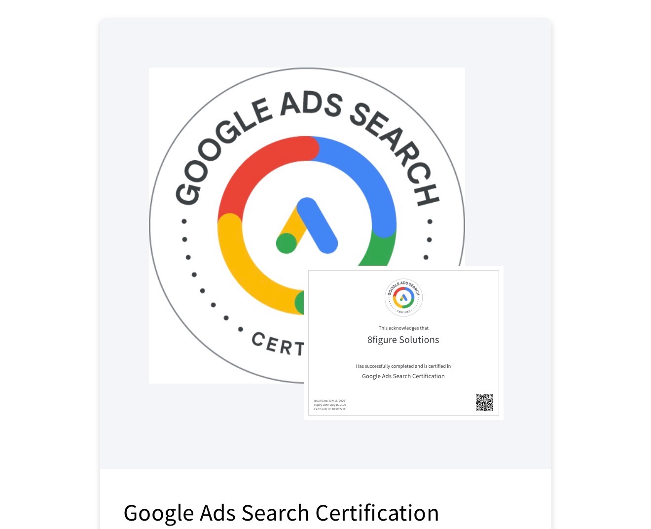 Google Ads Search Certification awarded to 8figure Solutions